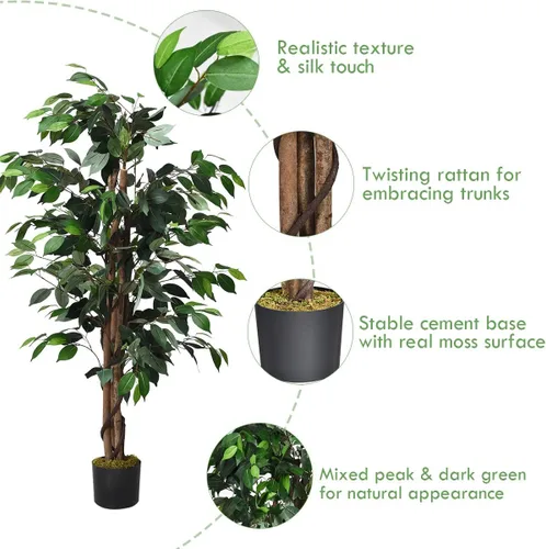 Miniatura 5 de Goplus Árbol de seda artificial de ficus de 4 pies, árbol falso en maceta con hojas verdes y tronco natural, sin mantenimiento, planta sintética