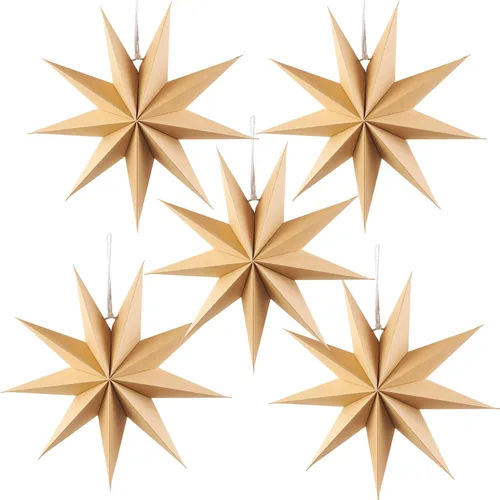 SUNBEAUTY 5 linternas de papel natural de 9 puntas de 12 pulgadas, lámpara colgante de Navidad rústica, decoración de papel, boda, cumpleaños,
