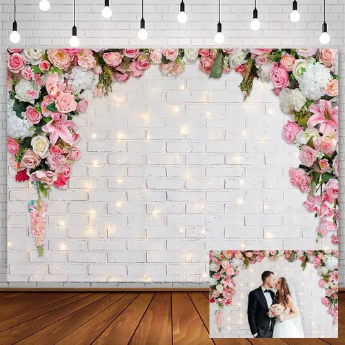 AIBIIN Fondo de fotografía floral rosa de 7 x 5 pies para pared, flores blancas para boda, despedida de soltera, ceremonia, fondo de fotos, fiesta
