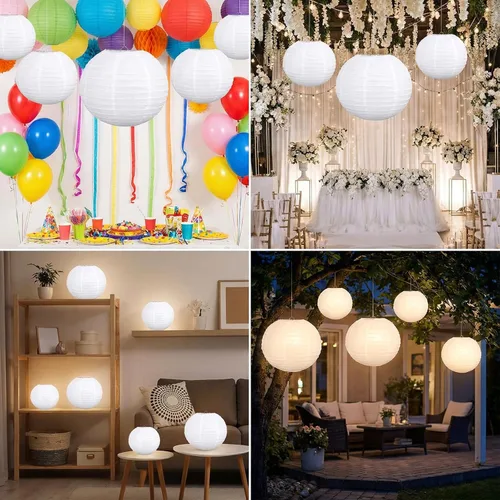 Miniatura 7 de 30 linternas de papel blanco de varios tamaños (4, 6, 8, 10, 12 pulgadas), linternas de papel redondas chinas japonesas, lámparas colgantes