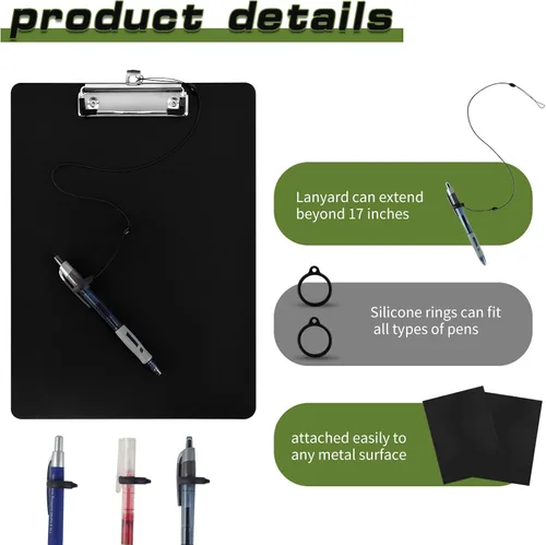 Miniatura 4 de Paquete de 2 portapapeles magnéticos con bolígrafo adjunto, tablero de clip negro con portapapeles de perfil bajo, 9 x 12.5 pulgadas, clip estándar