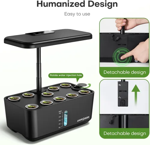 Miniatura 7 de Ahopegarden Sistema de cultivo hidropónico de jardín interior: Kit de germinación de plantas de 10 vainas, lámpara de crecimiento de hierbas y Negro