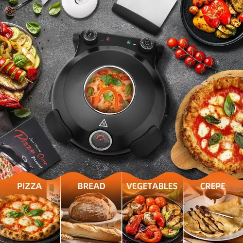 Miniatura 6 de Horno eléctrico de pizza para interiores, cocina de encimera de 12 pulgadas, máquina de pizza eléctrica de 800 ℉ con temporizador, piedra