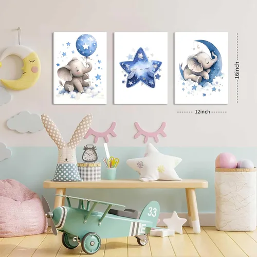 Miniatura 4 de Juego de 3 Arte de Pared en Lienzo para Cuarto de Bebé Niño, Pintura de Decoración de Pared con Imagen de Elefante Azul Luna y Estrellas, Lindos
