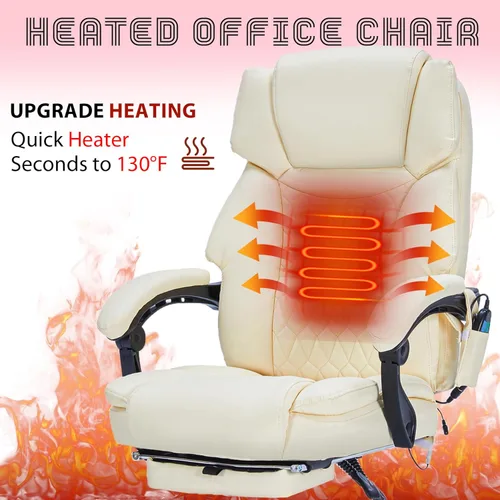 Miniatura 7 de Silla de Oficina de Masaje con Reposapiés, 6 Puntos de Vibración y Calor, Sillas de Escritorio de Oficina en Casa para Personas Pesadas de 400 Crema