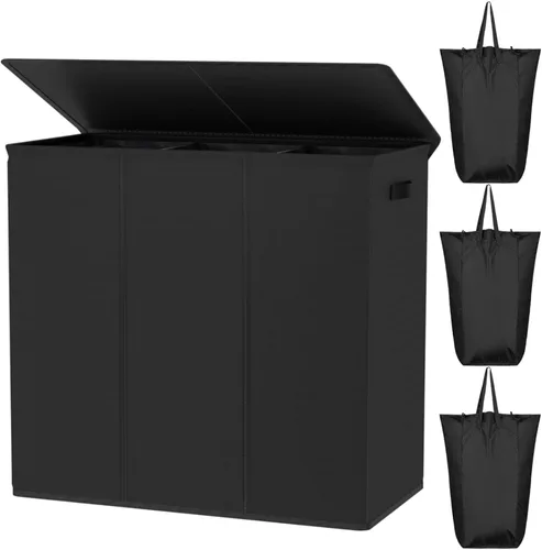 Miniatura 15 de WOWLIVE Cesta de lavandería de 100 litros con tapa, cesta plegable grande con 2 bolsas y asas extraíbles, cesta de ropa sucia plegable alta