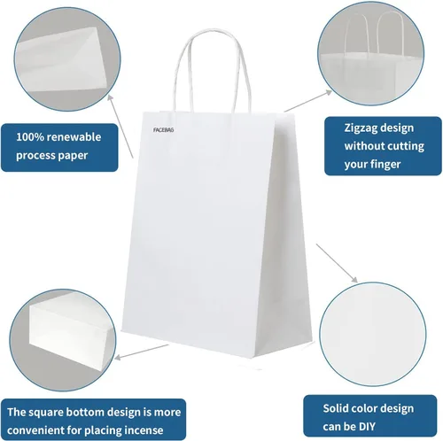 Miniatura 4 de FACEBAG 50 PCS bolsas de papel blanco con asas a granel, 8 x 4.25 x 10.5 pulgadas, bolsas de regalo blancas de tamaño mediano con asas