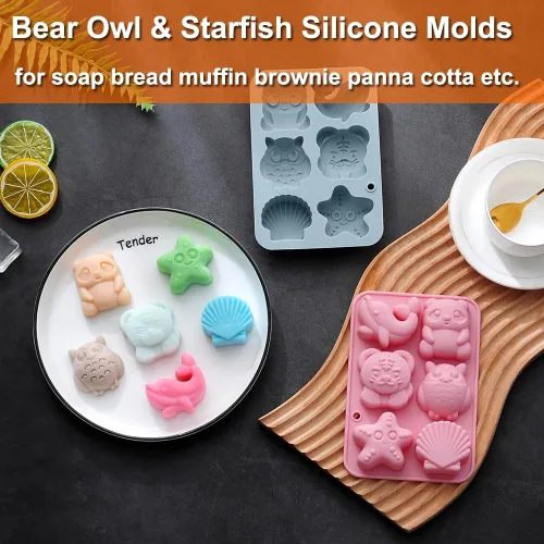 Miniatura 7 de Paquete de 2 moldes de silicona para chocolate, búho, tigre, delfín, para pasteles, gomitas, gelatina, cubitos de hielo, decoración de pasteles