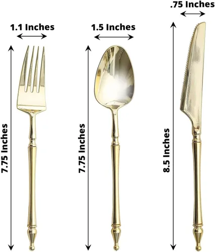 Miniatura 3 de Efavormart - Juego de 24 utensilios de plástico europeo con purpurina dorada con mango de columna romana, tenedor, cuchara y cuchillo desechables