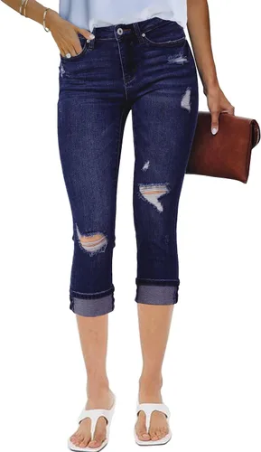 luvamia Pantalones capri para mujer, elásticos, de cintura alta, desgastados, rasgados, ajustados, recortados