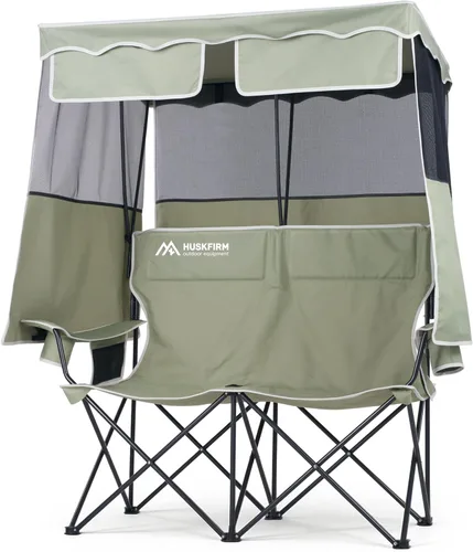 Huskfirm Silla de Camping Doble con Toldo de Sombra Silla para 2 Personas Plegable con Toldo Silla de Playa Portátil Silla de Camping Resistente con