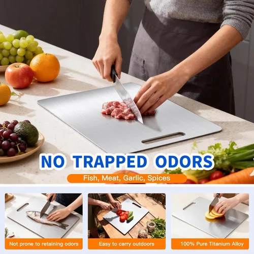 Miniatura 5 de Juego de 3 tablas de cortar de titanio para cocina, tablas de cortar de doble cara de metal de grado alimenticio para encimera de cocina, carne