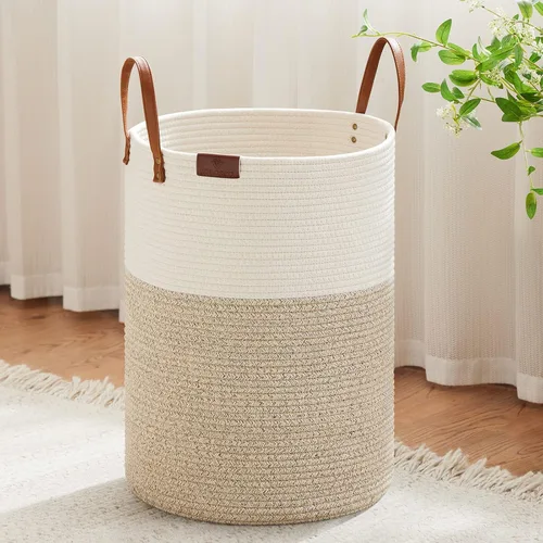 Miniatura 10 de VIPOSCO Cesta alta para ropa sucia, cesta grande para ropa sucia con mango de cuero, cesta de almacenamiento de cuerda tejida para manta, juguete