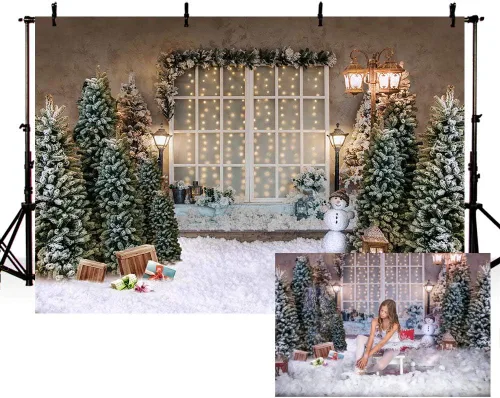 MEHOFOND Fondo de fotografía de Feliz Navidad de 7 x 5 pies, lámpara de árbol de Navidad, ventana, telón de fondo de nieve, invierno, Navidad,