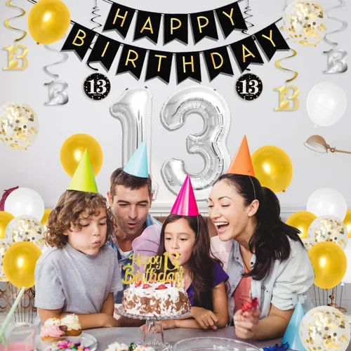 Miniatura 3 de Decoraciones de cumpleaños número 13 para niños y niñas, suministros de fiesta de cumpleaños número 13 negro dorado con pancarta colgante en espiral