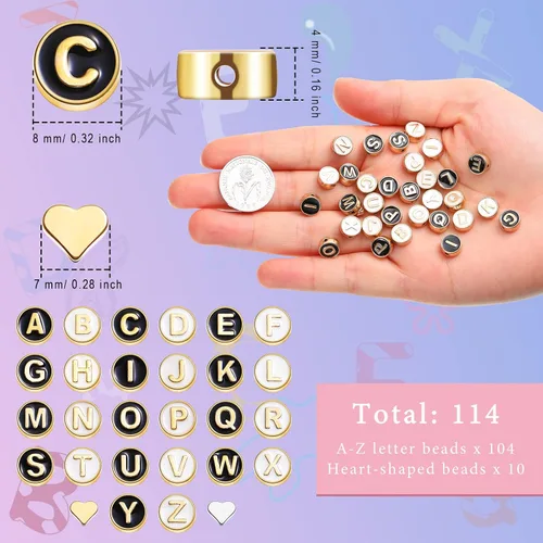 Miniatura 2 de Sureio 114 piezas de cuentas de letras del alfabeto de aleación 8 mm planas redondas con letras de la A a la Z, cuentas de metal chapado con inicial