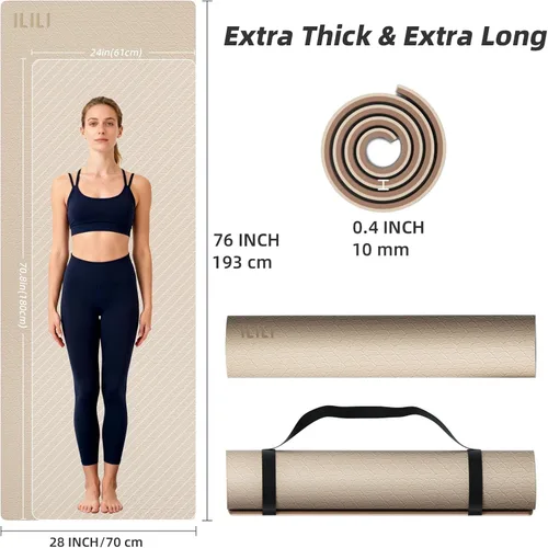 Miniatura 3 de ILILI Tapete de yoga 10mm extra grueso y 193cm extra largo, 76x28x0.4 pulgadas, material TPE antideslizante de doble color, fácil de transportar