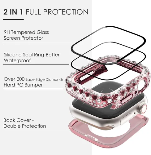 Miniatura 3 de Surace Estuche 2 en 1 impermeable brillante compatible con Apple Watch Series 9/8/7 de 45 mm, protector de pantalla, borde de encaje, diamante