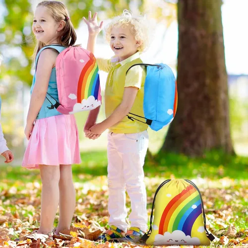 Miniatura 5 de Ferraycle 24 bolsas de regalo de fiesta de arco iris, suministros de fiesta de cumpleaños, bolsas con cordón, mochila de regalo, decoraciones