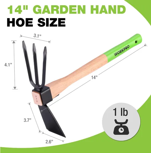 Miniatura 3 de WORKPRO Azada y Cultivador Rastrillo de Jardín con Mango de Madera de 14", Hoja de Azada Afilada y Cultivador Resistente de 3 Garras, Herramientas