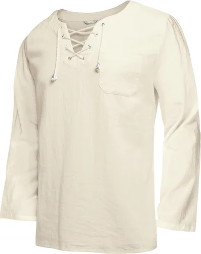 Miniatura 5 de COOFANDY Camisas de lino de algodón para hombre con cordones estilo casual playa hippie cuello en V