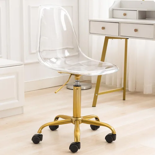Silla de escritorio de acrílico transparente, moderna, pequeña, con ruedas, linda silla de plástico sin brazos, silla de plástico Lucite para el