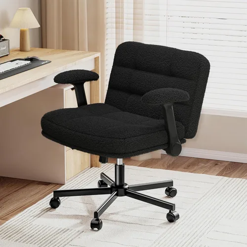 Miniatura 9 de DurayLoly Silla Criss Cross con Ruedas, Silla de Oficina con Patas Cruzadas con Reposabrazos Abatibles, Silla de Escritorio Ancha para Dormitorio