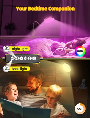 Miniatura 3 de Lámpara de escritorio con abrazadera-10W, 2 en 1 con ambiente RGB y luz blanca cálida, luz de lectura de libros cambiable/cuello de cisne flexible
