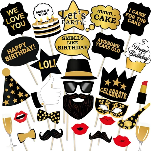 Juego de 29 piezas de accesorios para cabina de fotos de cumpleaños con divertida corona, sombreros, barba y cara feliz, bigote para niños, cabina