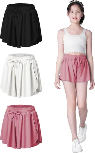 Pantalones cortos fluidos con diseño de mariposa para niñas, pantalones cortos deportivos para niños pequeños y jóvenes con forro 2 en 1 para