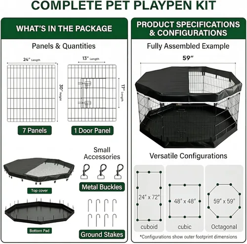 Miniatura 5 de PJYuCien Corralito octogonal para perros con cubierta superior y almohadilla inferior, bolígrafo de ejercicio plegable de metal, 8 paneles de 30