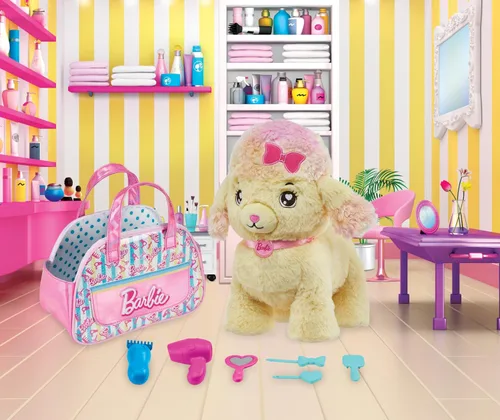 Miniatura 2 de Mattel Set de Juguetes de Peluche Barbie, Animal de Peluche Caniche Peluquero con Luces y Sonidos, Más Bolso Temático y 6 Accesorios, Aventura