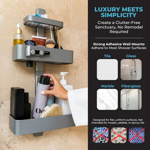 Miniatura 6 de ShowerSMART Organizador de ducha higiénico resistente a la corrosión, organizador de baño colgante con estantes ajustables, bandejas fáciles