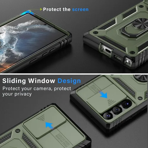 Miniatura 2 de PASNEW Funda para Samsung Galaxy S22 Ultra 5G, cubierta de cámara deslizante y soporte de dedo de metal de 360°, carcasa rígida protectora Verde