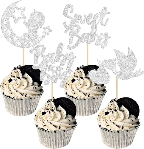 Miniatura 19 de 24 piezas de decoración para cupcakes de baby shower Oh Baby con moño, botella para niño, azul profundo, purpurina para pasteles, decoraciones