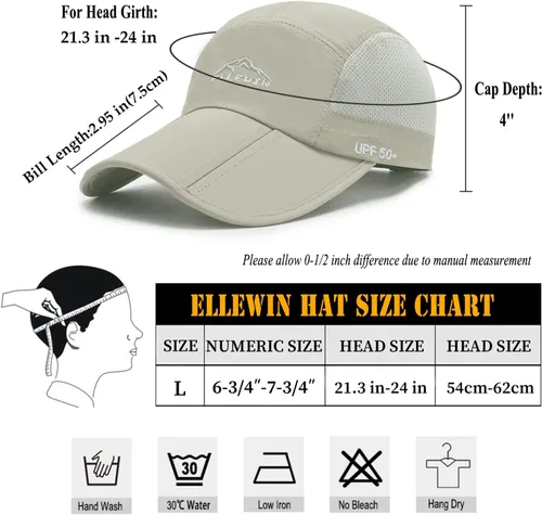 Miniatura 58 de ELLEWIN Gorra de béisbol unisex UPF 50 sin estructura, con pico grande y plegable