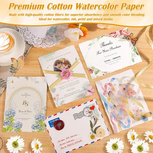Miniatura 6 de 50 hojas de papel de acuarela de borde deckled de 10.58 oz/m², papel de acuarela hecho a mano de 5 x 7 pulgadas, papel de algodón rugoso