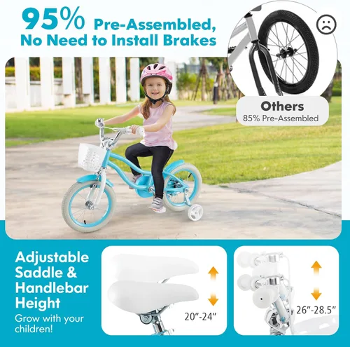 Miniatura 4 de COSTWAY Bicicleta para niños de 12, 14, 16, 18 pulgadas, bicicleta para niños con ruedas de entrenamiento, frenos de mano y posavasos, sillín
