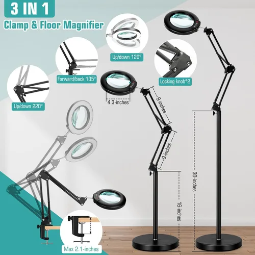 Miniatura 6 de Lupa 12X con luz y soporte, lente de cristal real (no acrílica), 5 modos de color, regulable continuo, lámpara de pie LED 3 en 1, brazo oscilante