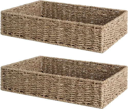 StorageWorks - Bandeja grande de pasto marino para baño, cestas de almacenamiento de pasto marino para estantes, cestas de mimbre natural tejidas a