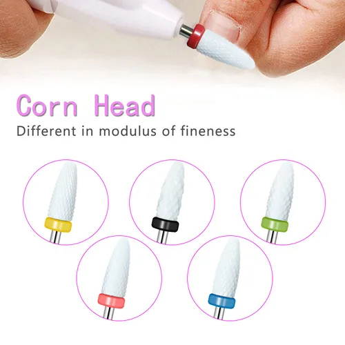 Miniatura 4 de Juego de brocas de cerámica de cabeza de maíz profesional de 5 tamaños con soporte para lima de uñas eléctrica, manicura, pedicura, esmalte de gel