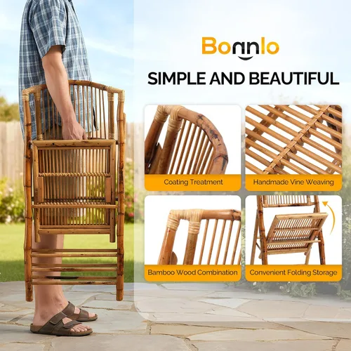 Miniatura 5 de Bonnlo Sillas plegables de bambú, paquete de 1/2/4, sillas plegables de madera para comedor al aire libre, interior, jardín, patio, césped, porche