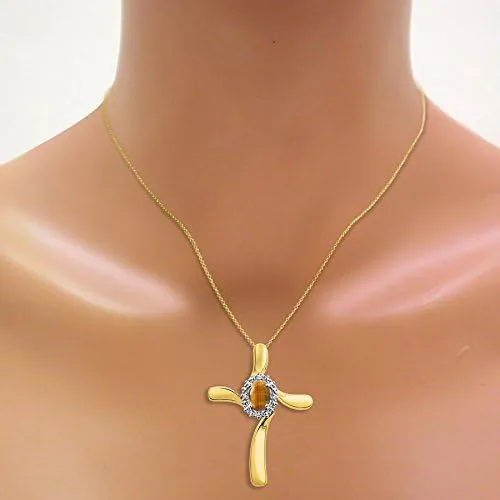 Miniatura 2 de RYLOS Collares para mujer oro amarillo de 14 quilates collar con colgante de cruz de diamante y ojo de tigre con cadena de 18 pulgadas joyería