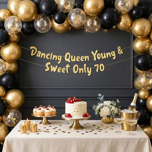 Miniatura 4 de Cartel con purpurina dorada preencordada con la reina bailarina Young & Sweet Only 70 – Decoraciones de cumpleaños 70 para hombres y mujeres
