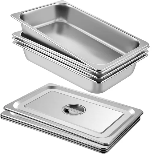 VEVOR Paquete de 4 sartenes de acero inoxidable para hotel de tamaño completo con tapas, 3.7 pulgadas de profundidad, 0.031 in de grosor, sartenes
