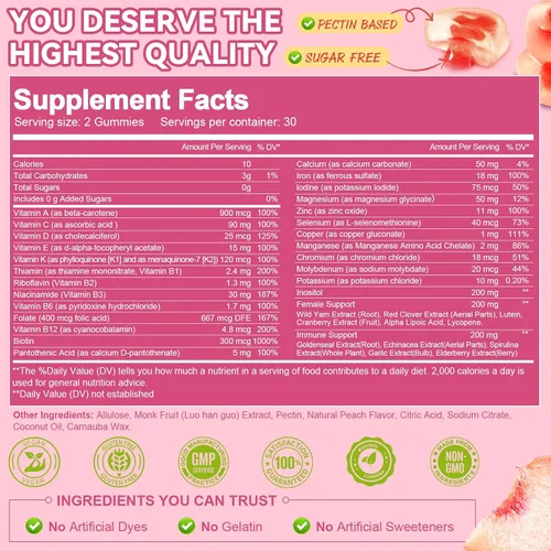 Miniatura 4 de Totaria Gomitas multivitamínicas sin azúcar para mujeres mayores de 14 años con hierro, inositol, folato, biotina, gomitas multivitamínicas diarias