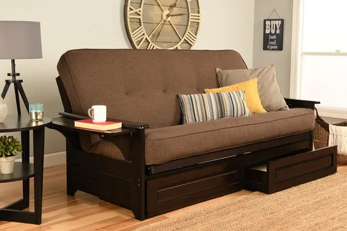 Kodiak Furniture Phoenix Futón de tamaño completo en acabado espresso con cajones de almacenamiento, lino y cacao Cocoa Lino