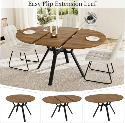 Miniatura 4 de HIPIHOM Juego de mesa de comedor redonda extensible para 6 personas, mesa de cocina extensible de 43.3 a 59.1 pulgadas con 6 sillas tapizadas, Mesa