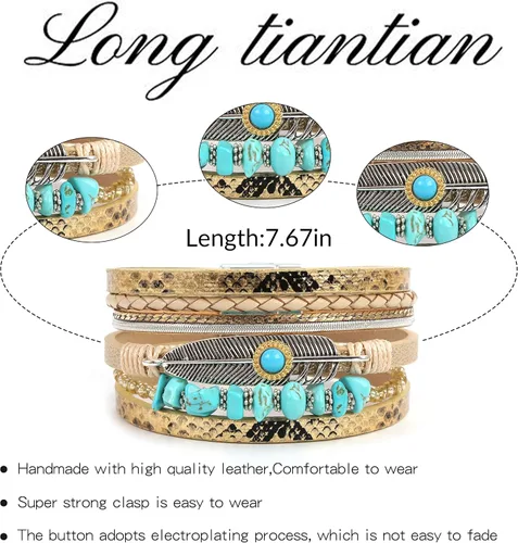 Miniatura 4 de Long tiantian Pulseras para mujer, joyería turquesa de moda para mujer, pulsera de múltiples hebras, pulseras de cuero para mujer, pulseras