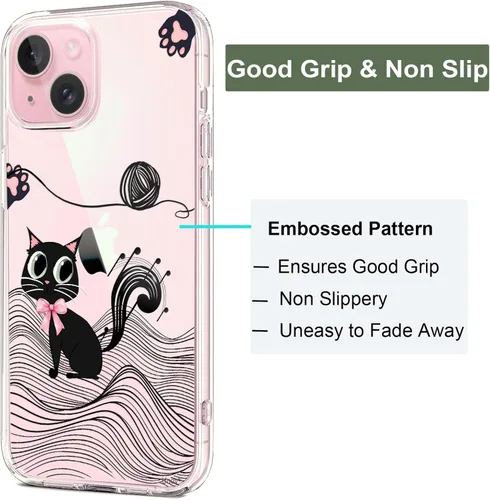 Miniatura 4 de Unov for iPhone 15 Case, Clear with Design, Slim Fit Good Grip, Embossed Phone Case, Shockproof Protective Cover, Raised Camera Protection, Soft